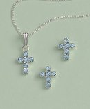Crystal Cross Earrings & Pendant Set: Silver with Aqua Crystal