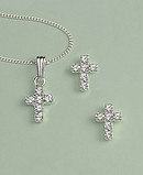 Crystal Cross Earrings & Pendant Set: Silver with Clear Crystal