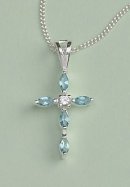 Navette Cut Crystal Cross Pendant: Silver with Aqua Crystal