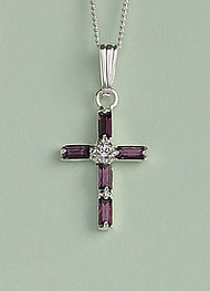 Baguette Crystal Cross Pendant: Silver with Amethyst Crystal