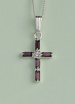Baguette Crystal Cross Pendant: Silver with Amethyst Crystal