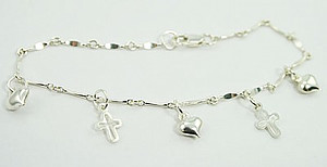 Cross & Heart Charm Bracelet: Silver 