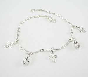 Cross & Navette Cut Crystal Charm Bracelet: Silver with Clear Crystal