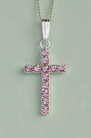 Crystal Cross Pendant: Silver with Light Rose Crystal