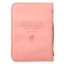 Medium He Works All Things Peach Faux Leather Bible Cover With Handle – Romans 8:28