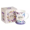Be Still and Know Lidded Ceramic Mug in Purple - Psalm 46:10