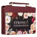 Large Strong and Courageous Merlot Floral Rose Bouquet Faux Leather Bible Cover  - Joshua 1:9