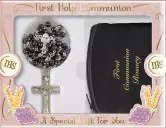 Imitation Hematite Communion Rosary with Black Purse
