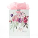 Be Joyful Always 1 Thessalonians 5:16 Bible Verse, Pink Rose Floral, Medium Gift Bag/Tissue Paper Set