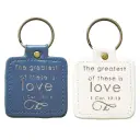 Blue/White Faux Leather Scripture Keychain Set for Bride and Groom  Mr./Mrs. Greatest of These is Love 1 Corinthians 13:13 Bible Verse  Set/2 His and Hers Keychains w/Metal Emblems