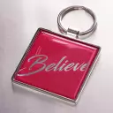 Christian Art Gifts Metal Epoxy Keyring for Women and Men: Believe - With God all Things are Possible - Matthew 19:26 Inspirational Bible Verse Keychain of Faith, 2" Square, Red