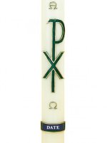 30" x 2" Paschal Candle with Px Green Cross with A & O in Cross Wax Relief