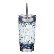 Mug SS Travel White/Navy Floral Be Still Ps. 46:10