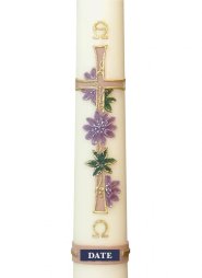 30" x 3" Paschal Candle with Passiflora Flowers Gold/Purple Design Wax Relief