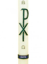 30" x 2" Paschal Candle with Px Green Cross with A & O in Cross Wax Relief