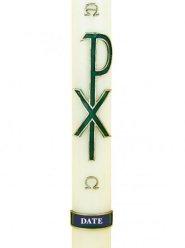30" x 3" Paschal Candle with Px Green Cross with A & O in Cross Wax Relief