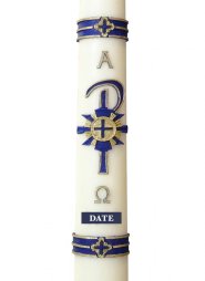 30" x 2" Paschal Candle with Blue Cross & Rays Design Wax Relief