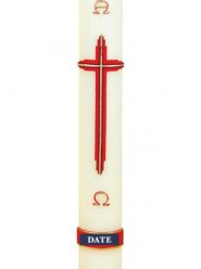 30" x 3" Paschal Candle with Simple Red & Gold Cross Design Wax Relief