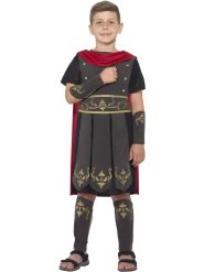 Roman Soldier Costume, Black with Tunic, Attached Cape, Arm & Leg Cuffs Medium (Age 7-9)