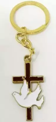 Red Metal Cross Keyring with Dove
