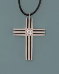 Grooved Cross & CZ Pendant on Leather Cord
