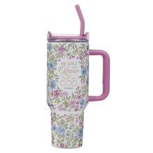 Tumbler w/straw SS Purple Floral Be Still And Know Ps. 46:10