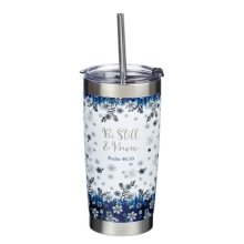 Mug SS Travel White/Navy Floral Be Still Ps. 46:10