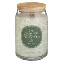 Glass Candle w/Bamboo Lid Green Leaves I Am With You Always Matt. 28:20