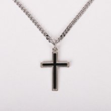 24" Sterling Silver Cross Necklace with Black Inlay
