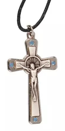 Crucifix 1 1/2  inch Metal/Blue/Swarovski Crystal