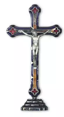 Standing Crucifix 6 inch Metal/Blue Enamel Inlay