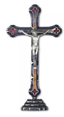Standing Crucifix 8 inch Metal/Blue Enamel Inlay