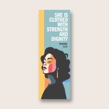 Pack of 30 Christian bookmarks. All same design. She is clothed with strength and dignity / Proverbs 31