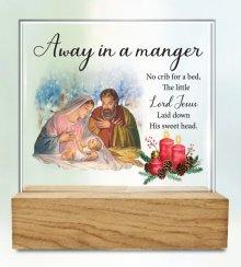 Away In A Manger Glass Plaque with Wood Base