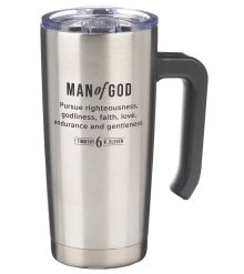 Man of God Stainless Steel Travel Mug with Handle - 1 Timothy 6:11