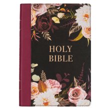 KJV Bible Thinline Large Print Faux Leather, Black Floral Printed/Burgundy