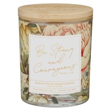 Glass Candle w/Bamboo Lid Floral Strong & Courageous Josh. 1:9