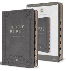 KJV Holy Bible, Giant Print Thinline Large Format, Gray Premium Imitation Leather with Ribbon Marker, Red Letter, and Thumb Index