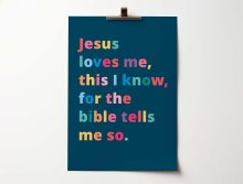 Jesus loves me, this I know. A4 poster. Navy background.