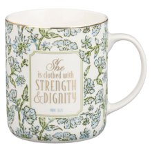 Mug Blue Floral Strength And Dignity Prov. 31:25