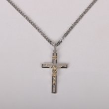 24" Silver Cross with Gold Christ Crucifix Necklace with Inscription