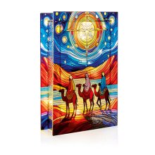 21 x 13cm Lit Three Wise Men Stained Glass Table Top with 25 Warm White LED - Double Sided - Battery Operated