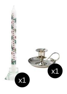 29.5cm Advent Candle: Holly & Ivy & Nickel Plated Classic Candle Holder H 5 cm