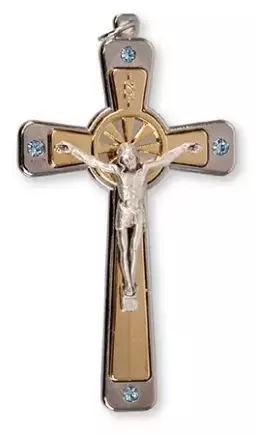 Crucifix 3 1/2  inch Metal/Blue/Swarovski Crystal