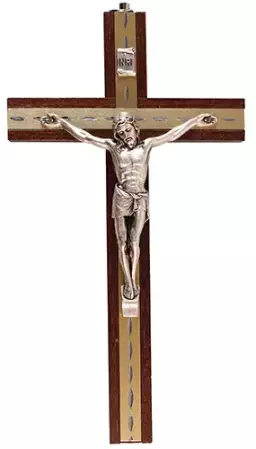 Beech Wood Crucifix 6 inch Metal Inlaid