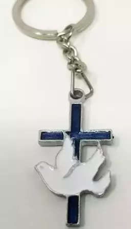 Blue Metal Cross Keyring with Dove