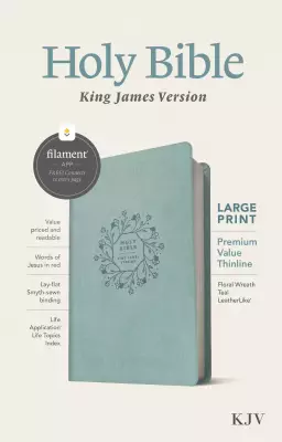 KJV Large Print Premium Value Thinline Bible, Filament-Enabled Edition (LeatherLike, Floral Wreath Teal, Red Letter)