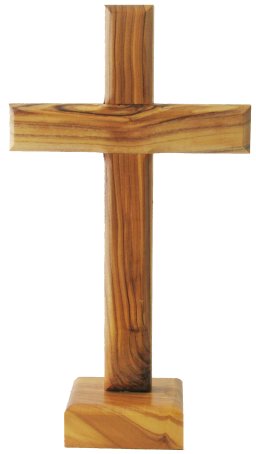 Hand Carved Olive Wood Standing Cross with Square base. 9in tall.