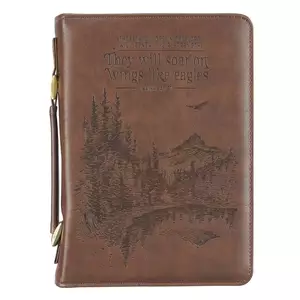 Large Men's  On Wings Like Eagles Mountain , Brown Faux Leather,Classic Bible Cover - Isaiah 40:31