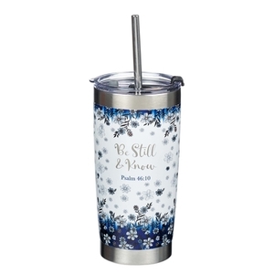 Mug SS Travel White/Navy Floral Be Still Ps. 46:10